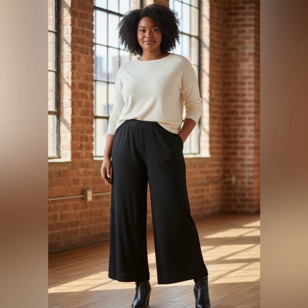 Terez Black Ribbed Wide Leg Pants Women's Large